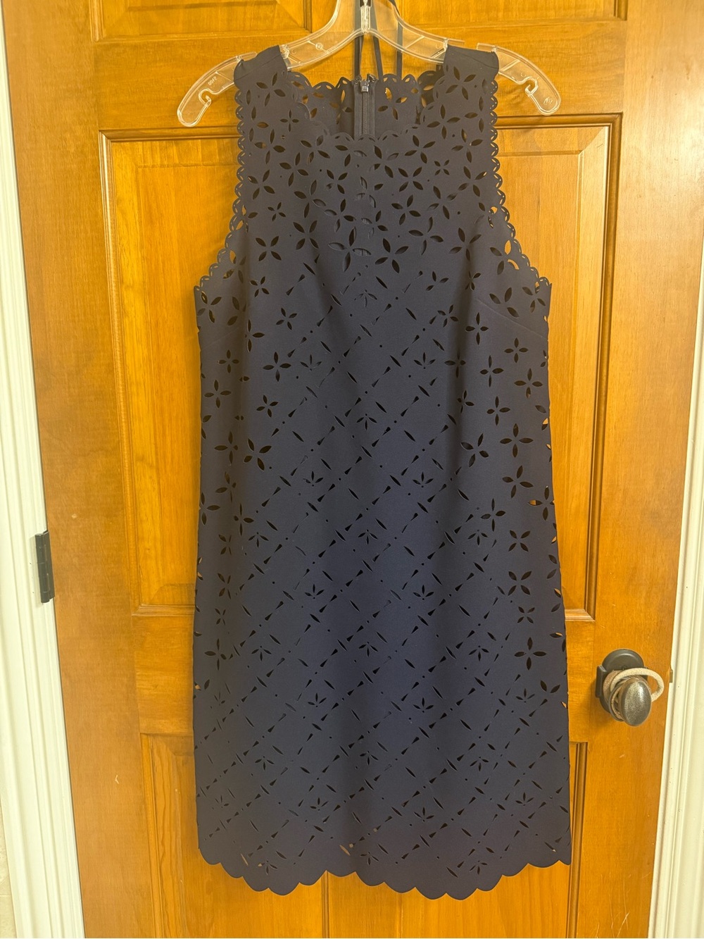 Navy Laser-Cut Sleeveless Shift Dress with liner